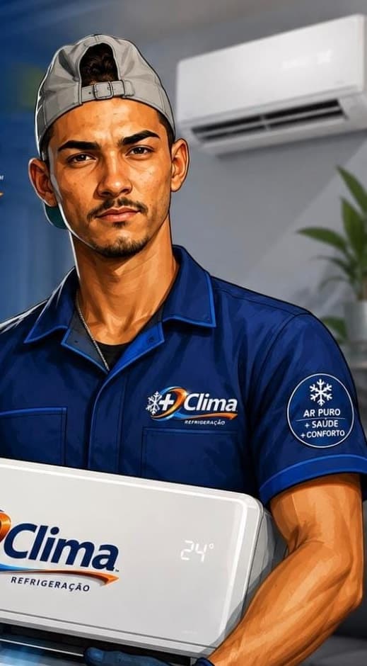 Técnico da +Clima com uma unidade evaporadora de ar-condicionado nas mãos